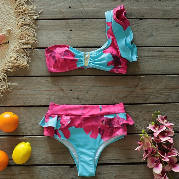 Pink and Blue Floral Ruffle Swimsuit - Picture 2 of 8